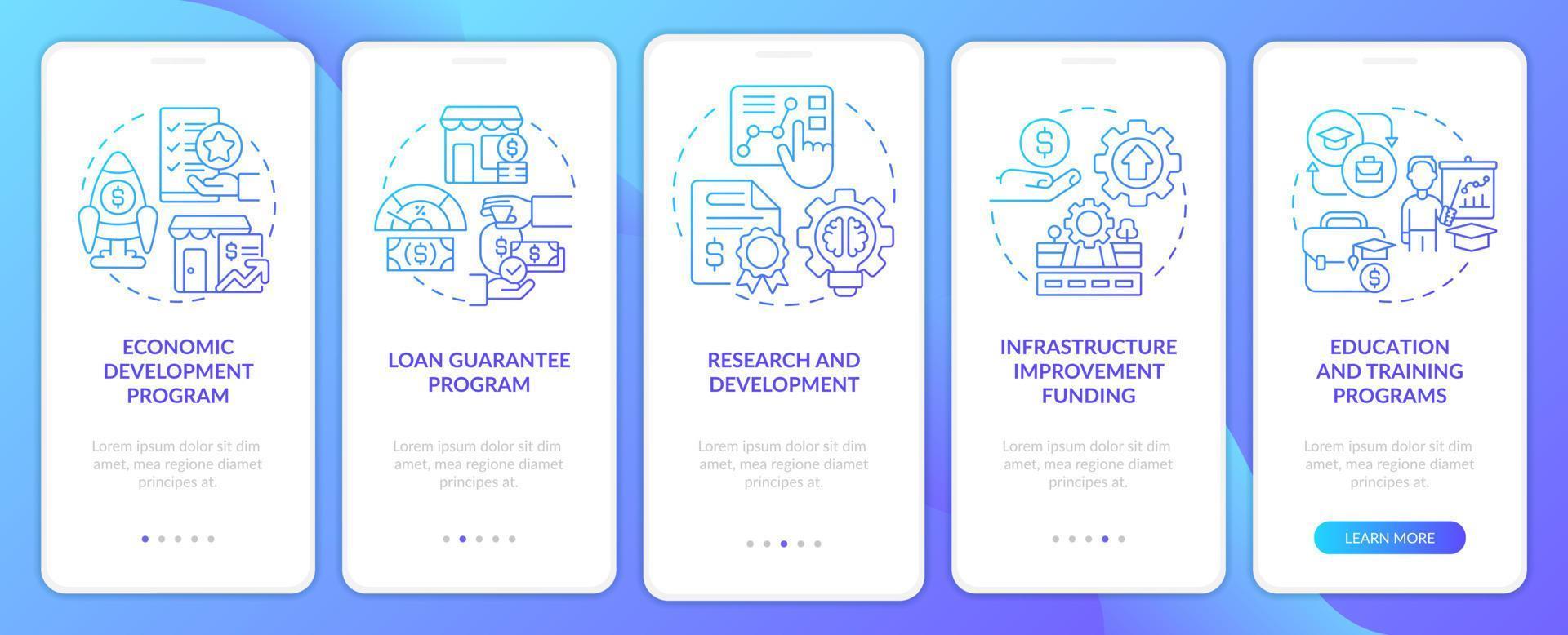 ayuda para la pantalla de la aplicación móvil de incorporación de degradado azul de pequeñas empresas. tutorial 5 pasos páginas de instrucciones gráficas con conceptos lineales. interfaz de usuario, ux, plantilla de interfaz gráfica de usuario. vector