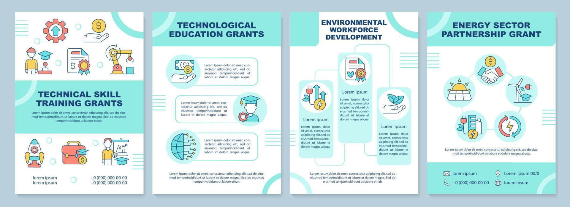 Federal grants for tech training mint brochure template. Leaflet design with linear icons. 4 vector layouts for presentation, annual reports.