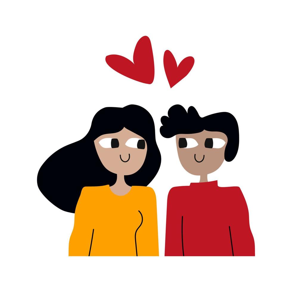 Happy couple with hearts. Vector lovely design. Woman and man in love.