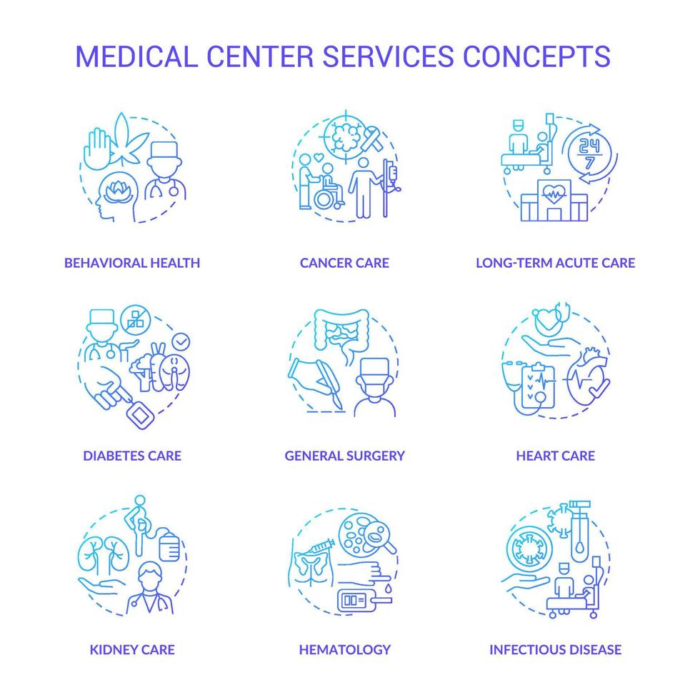 Medical center services blue gradient concept icons set. Professional patient care idea thin line color illustrations. Isolated symbols. Editable stroke. vector