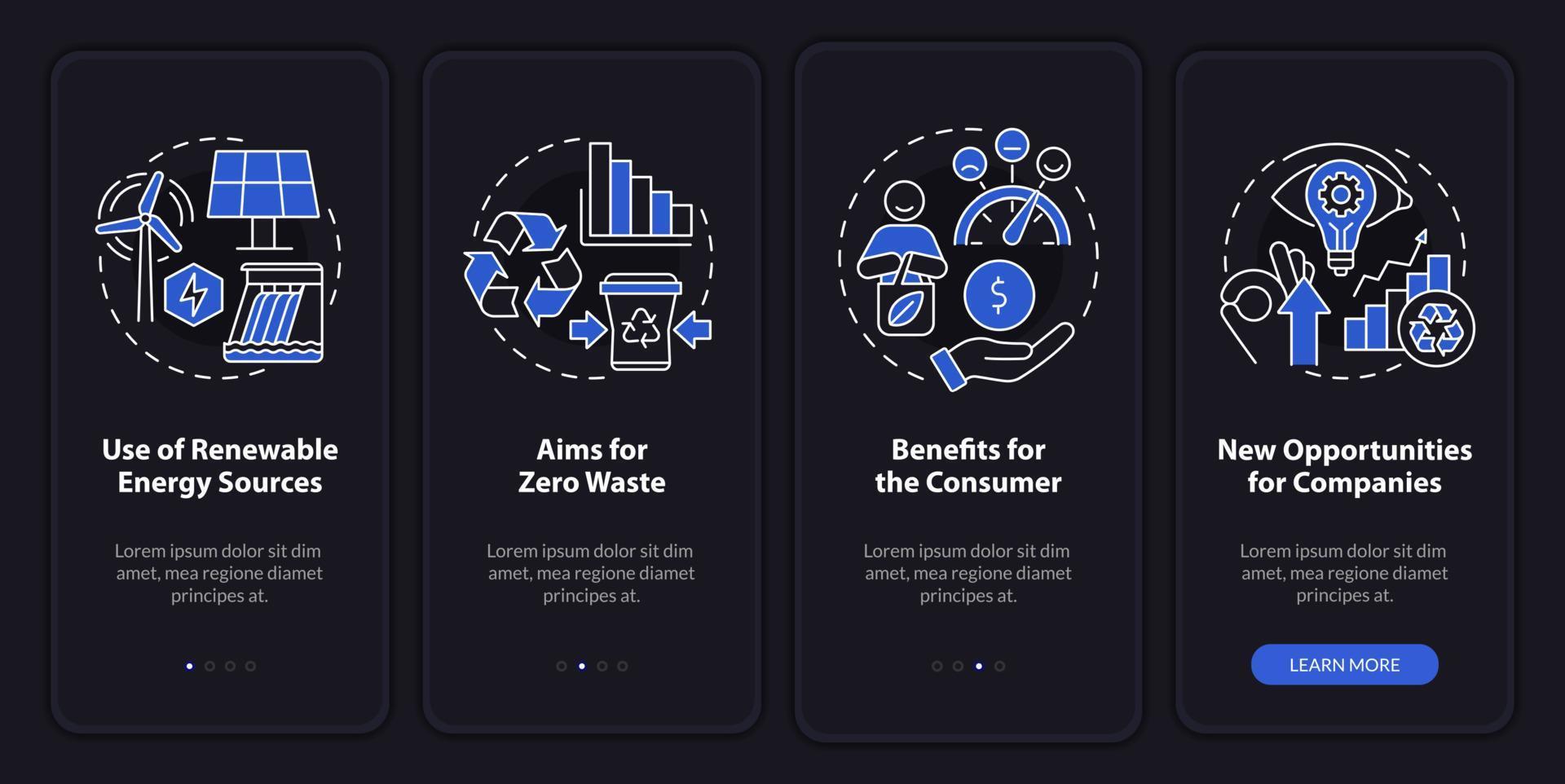 Circular economy advantages night mode onboarding mobile app screen. Walkthrough 4 steps graphic instructions pages with linear concepts. UI, UX, GUI template. vector