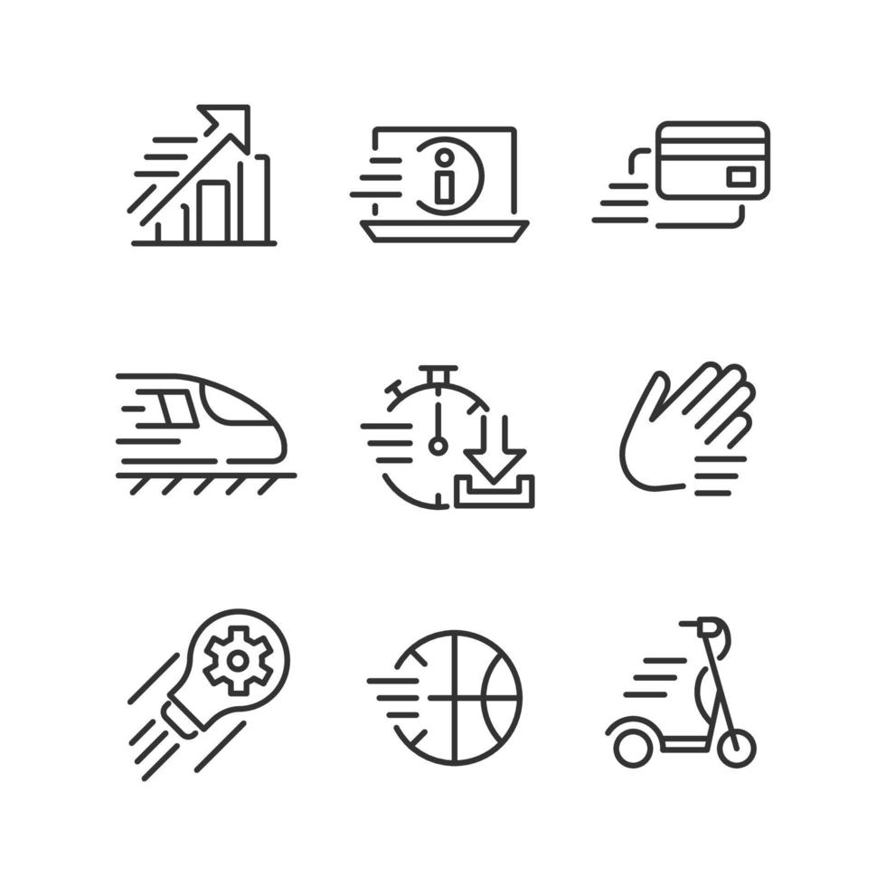 Moving objects pixel perfect linear icons set. Digital payment. Raising and development. Electric scooter. Customizable thin line symbols. Isolated vector outline illustrations. Editable stroke