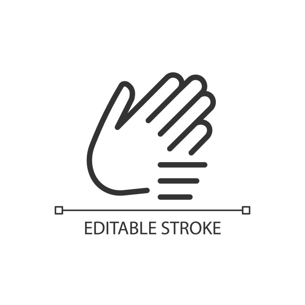 Waving hand pixel perfect linear icon. Nonverbal communication. Greeting and calling gesture. Thin line illustration. Contour symbol. Vector outline drawing. Editable stroke.