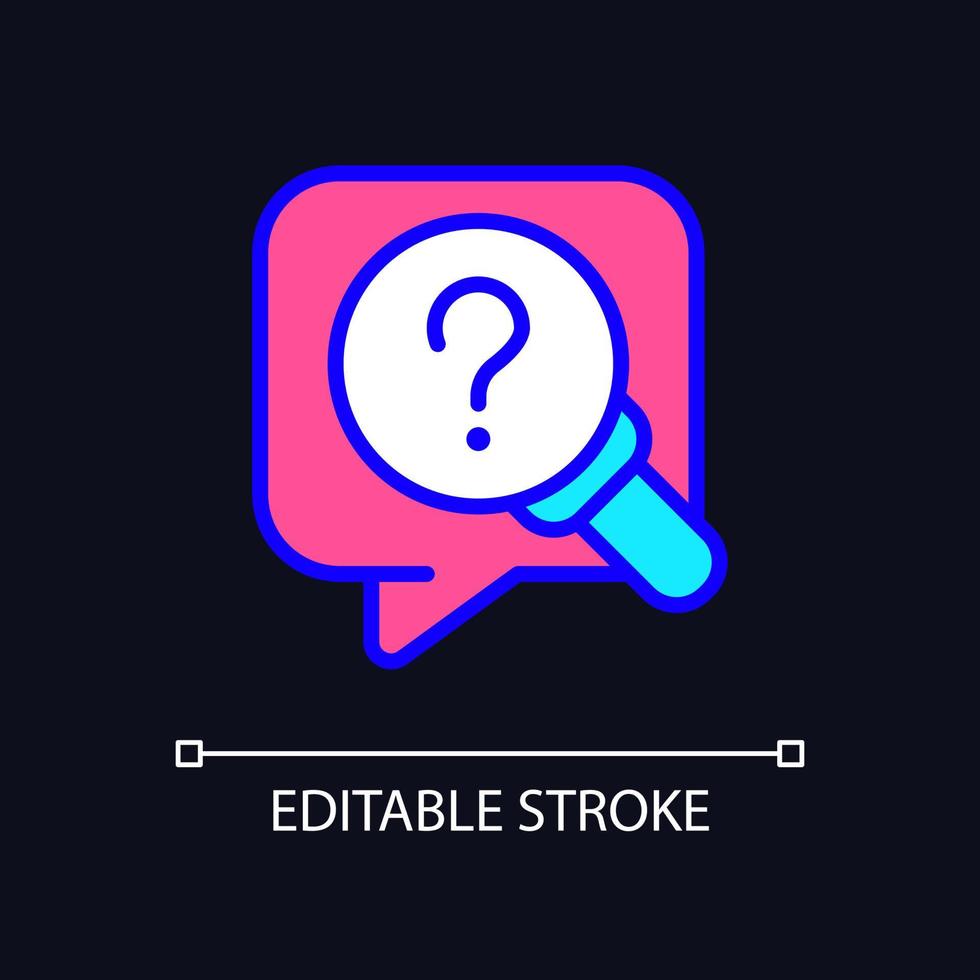 Research question RGB color icon for dark theme. Necessary information online. Question mark and magnifying glass. Simple filled line drawing on night mode background. Editable stroke. vector