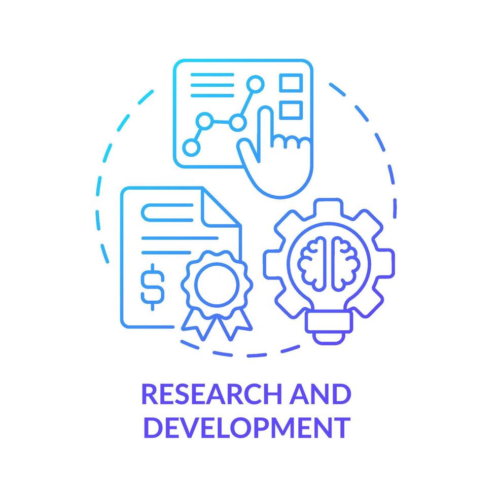 Icono de concepto de gradiente azul de investigación y desarrollo. estudio de mercadotecnia programa de ayuda para emprendedores idea abstracta ilustración de línea delgada. dibujo de contorno aislado. vector