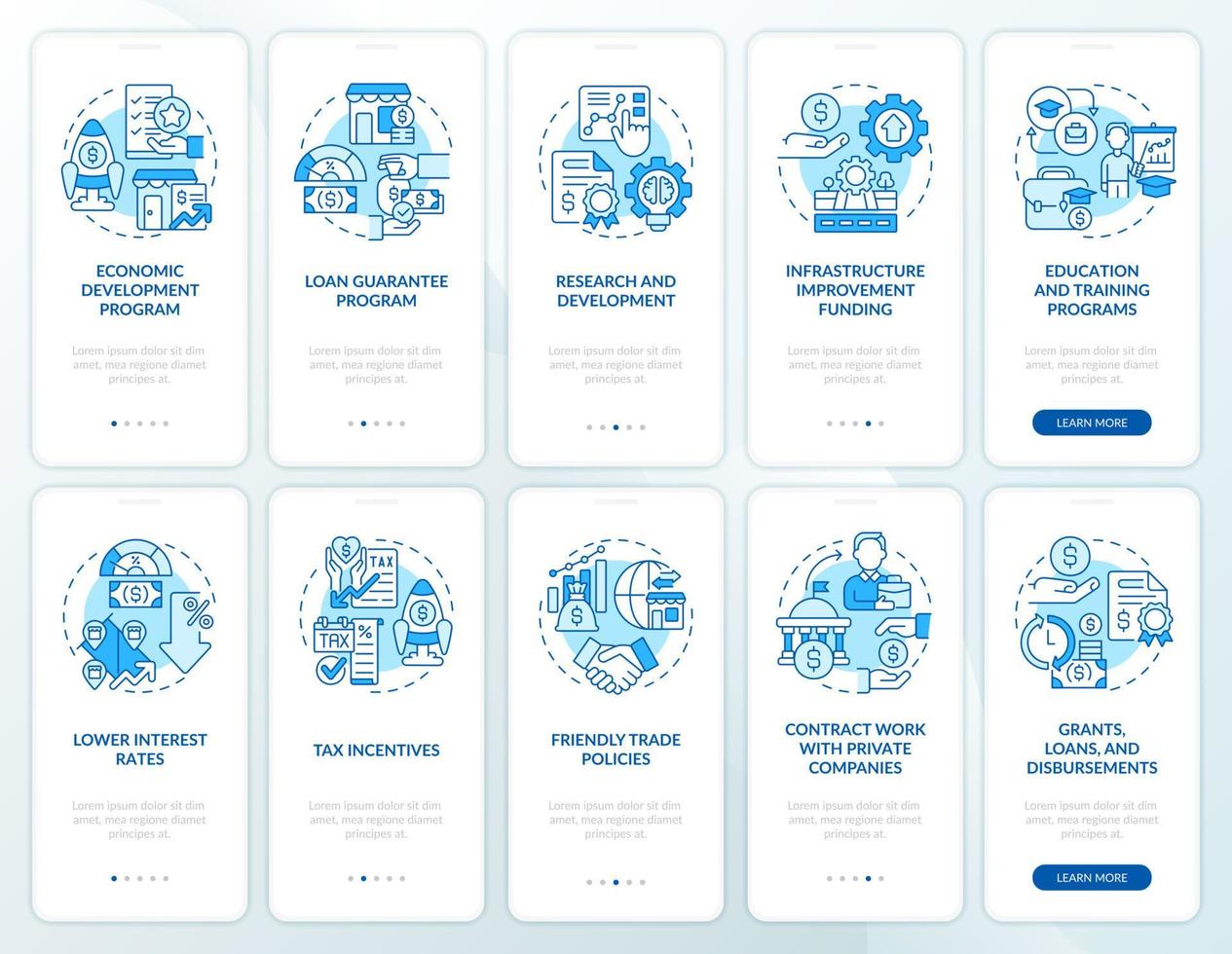 conjunto de pantalla de aplicación móvil de incorporación azul de incentivos para pequeñas empresas. Soporte tutorial 5 pasos páginas de instrucciones gráficas con conceptos lineales. interfaz de usuario, ux, plantilla de interfaz gráfica de usuario. vector