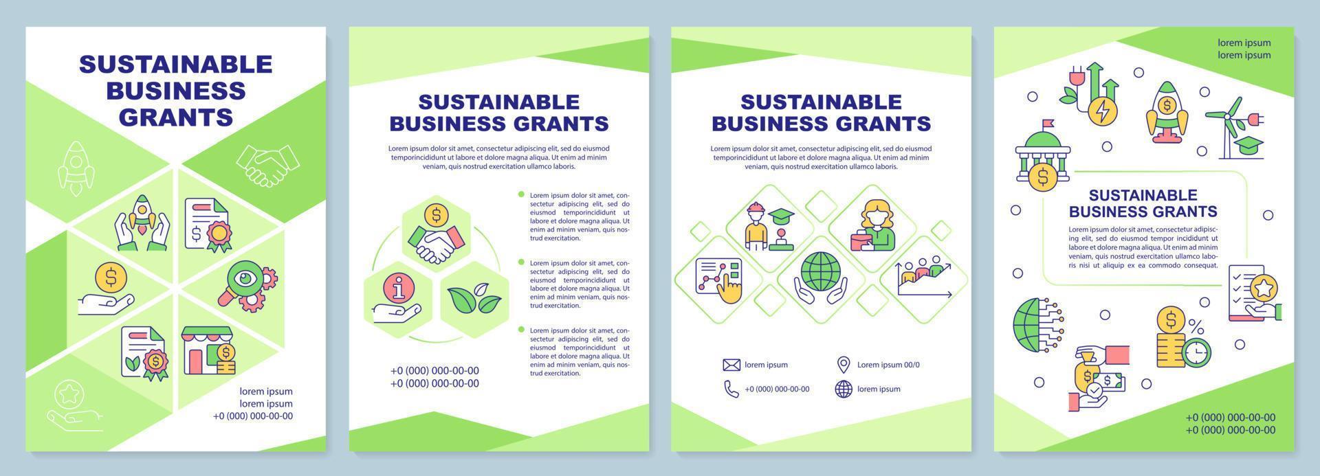Sustainable business grants green brochure template. Eco-friendly work. Leaflet design with linear icons. 4 vector layouts for presentation, annual reports.