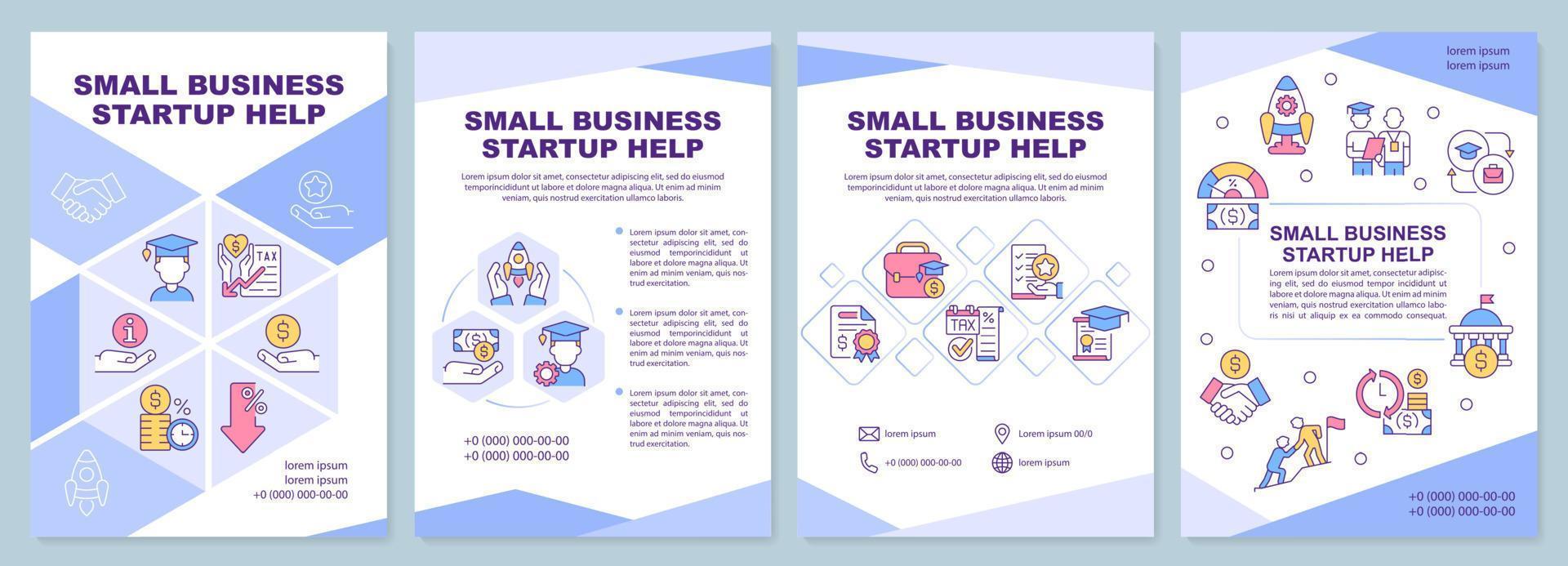 plantilla de folleto púrpura de ayuda para el inicio de pequeñas empresas. subvención financiera. diseño de folletos con iconos lineales. 4 diseños vectoriales para presentación, informes anuales. vector