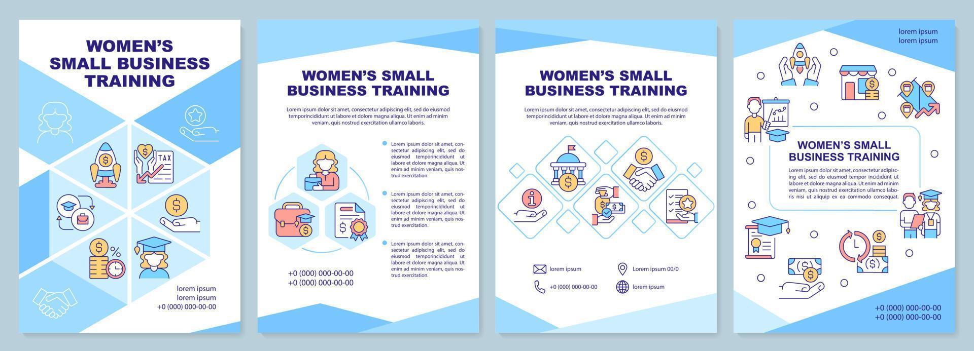 Women small business training blue brochure template. Gender policy. Leaflet design with linear icons. 4 vector layouts for presentation, annual reports.