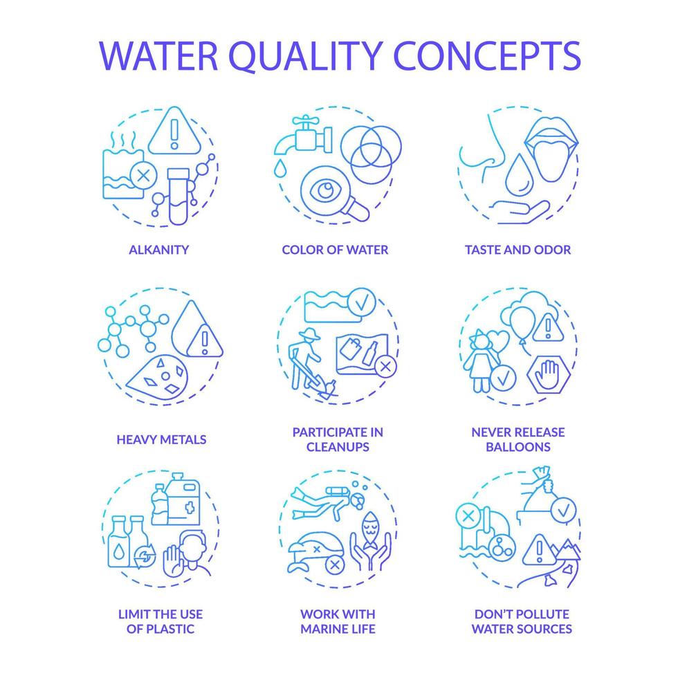 Water quality blue gradient concept icons set. Protect from pollution idea thin line color illustrations. Limit plastic use. Taste and odor. Isolated symbols. vector