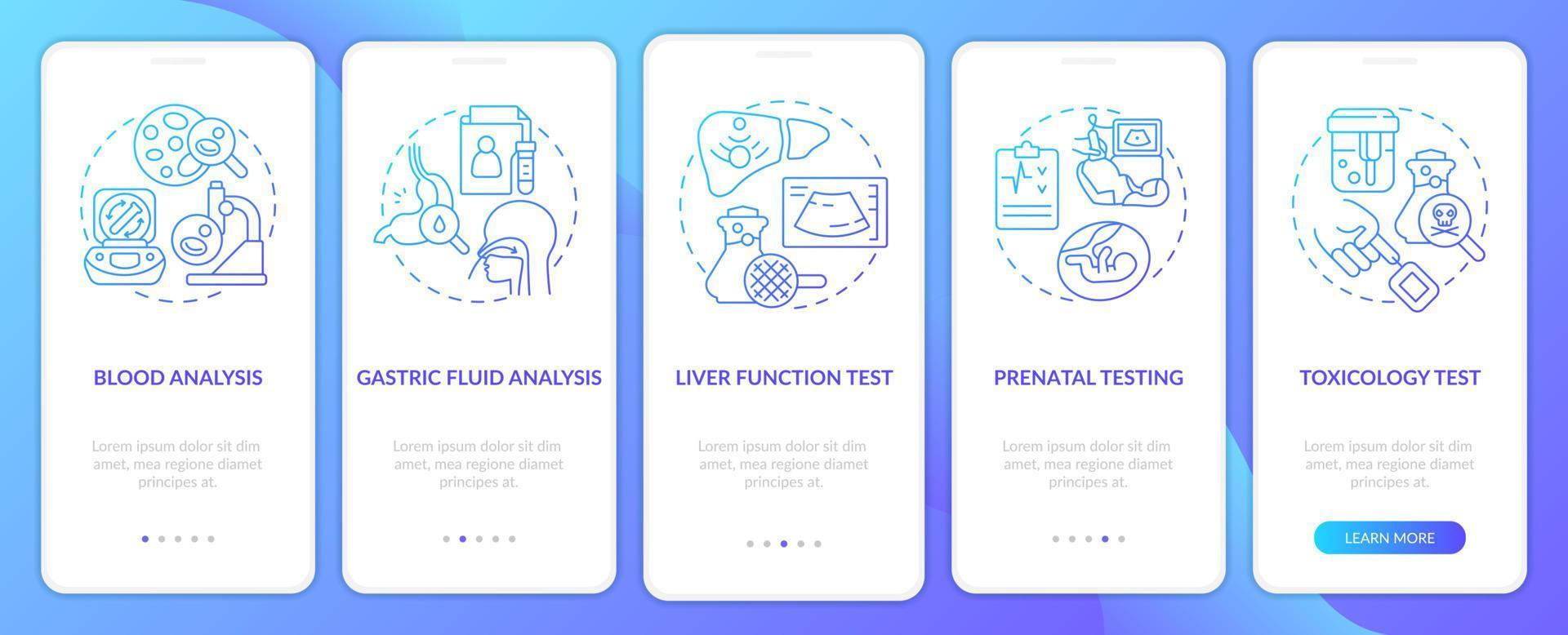 Diagnostic services blue gradient onboarding mobile app screen. Walkthrough 5 steps graphic instructions pages with linear concepts. UI, UX, GUI template. vector