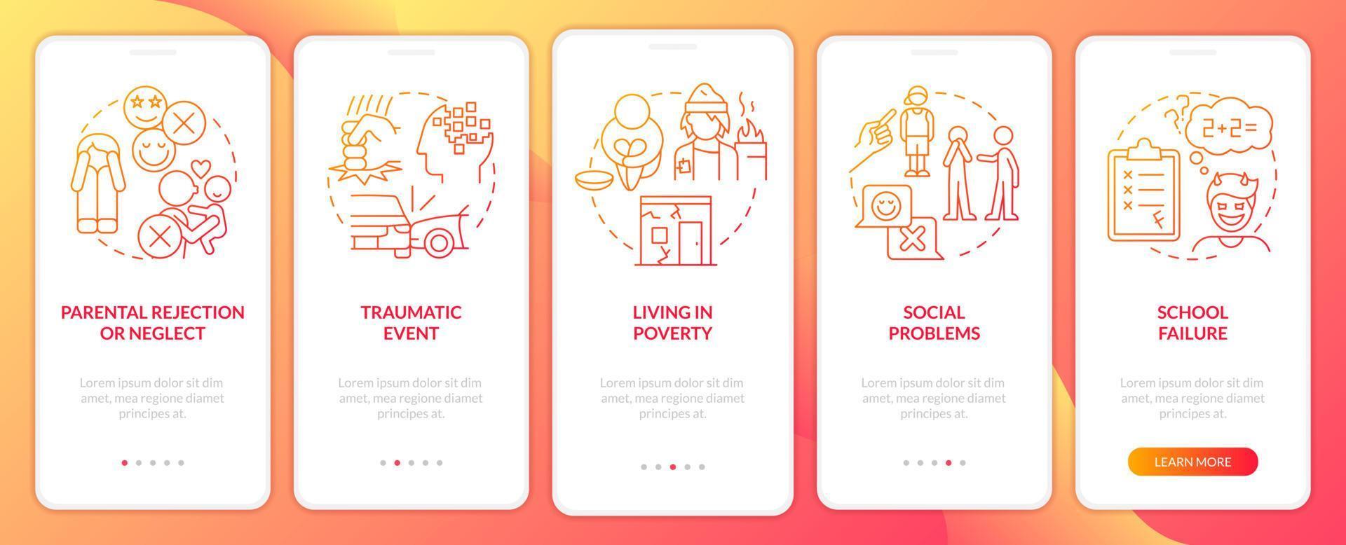 Conduct disorder risk factors red gradient onboarding mobile app screen. Walkthrough 5 steps graphic instructions pages with linear concepts. UI, UX, GUI template. vector