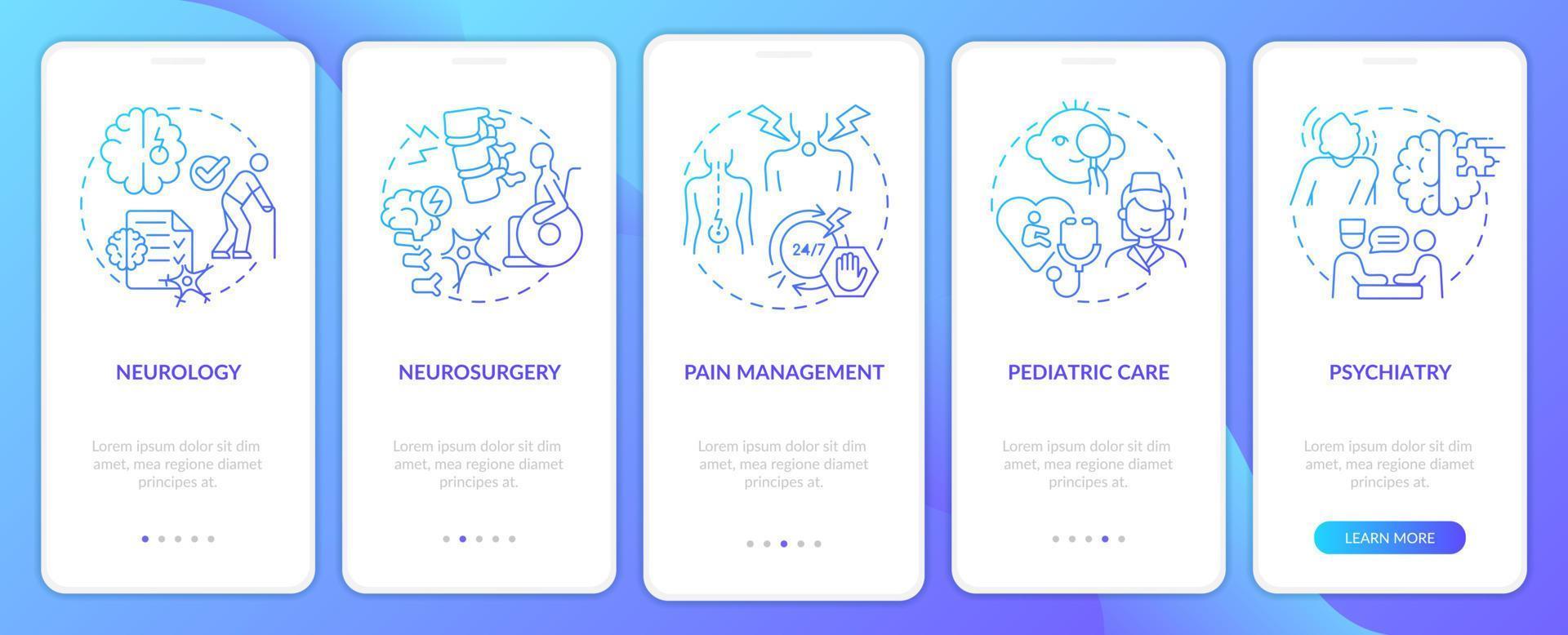 Medical clinic services blue gradient onboarding mobile app screen. Walkthrough 5 steps graphic instructions pages with linear concepts. UI, UX, GUI template. vector