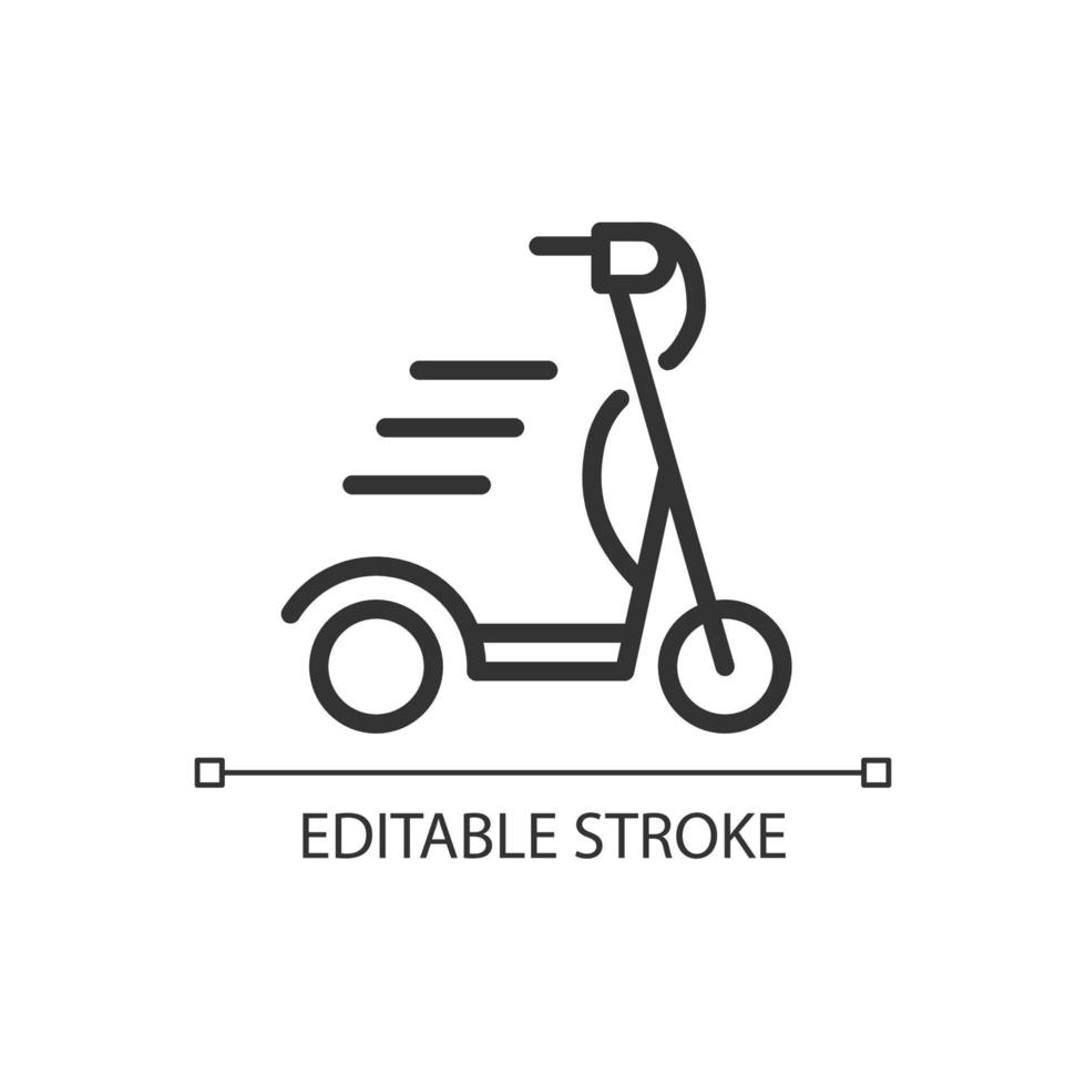 Scooter pixel perfect linear icon. Motorized and electric vehicle. Mobile transport. E scooter. Thin line illustration. Contour symbol. Vector outline drawing. Editable stroke.