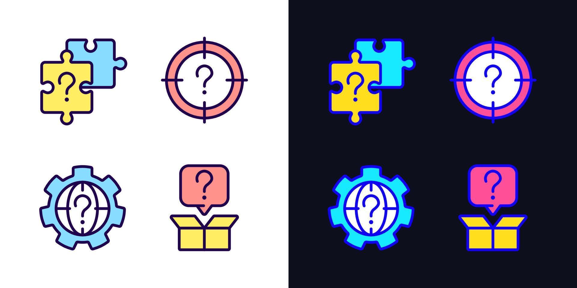 Searching of new problem solutions light and dark theme color icons set. Question marks. Alternative answers. Simple filled line drawings. Bright cliparts on white and black. Editable stroke vector