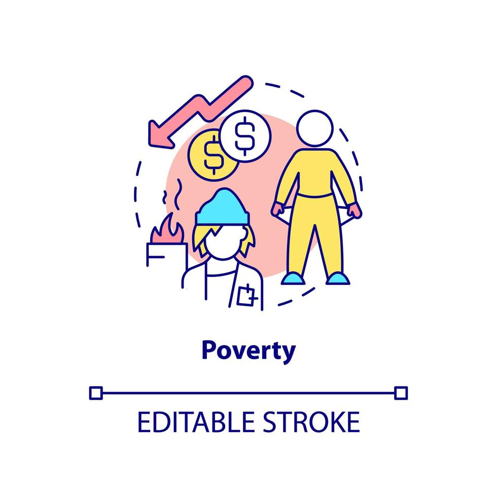 Poverty concept icon. Homelessness factor abstract idea thin line illustration. Lack of money and shelter. Being poor. Isolated outline drawing. Editable stroke. vector