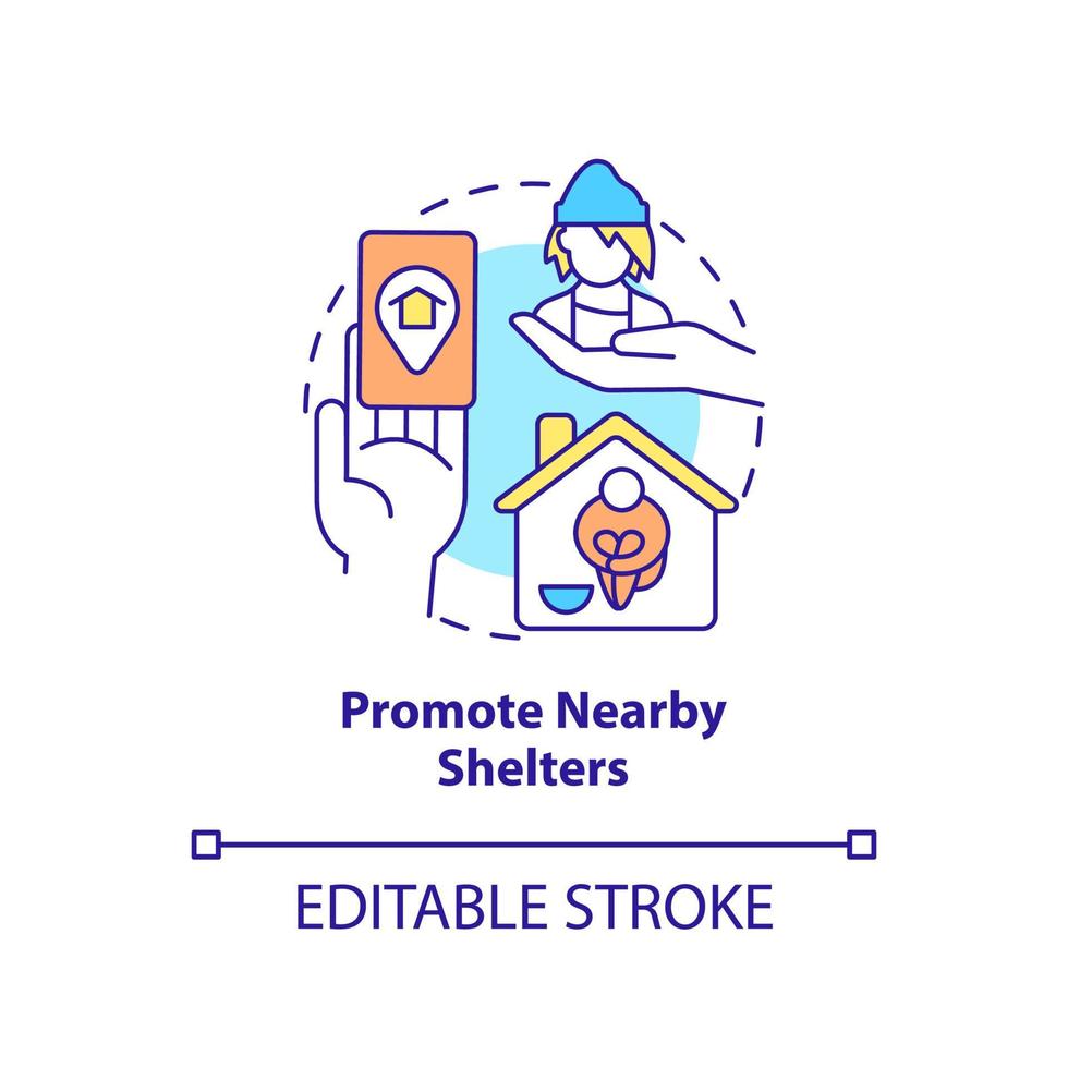 Promote nearby shelters concept icon. Way to help homeless people abstract idea thin line illustration. Taking refuge. Isolated outline drawing. Editable stroke. vector
