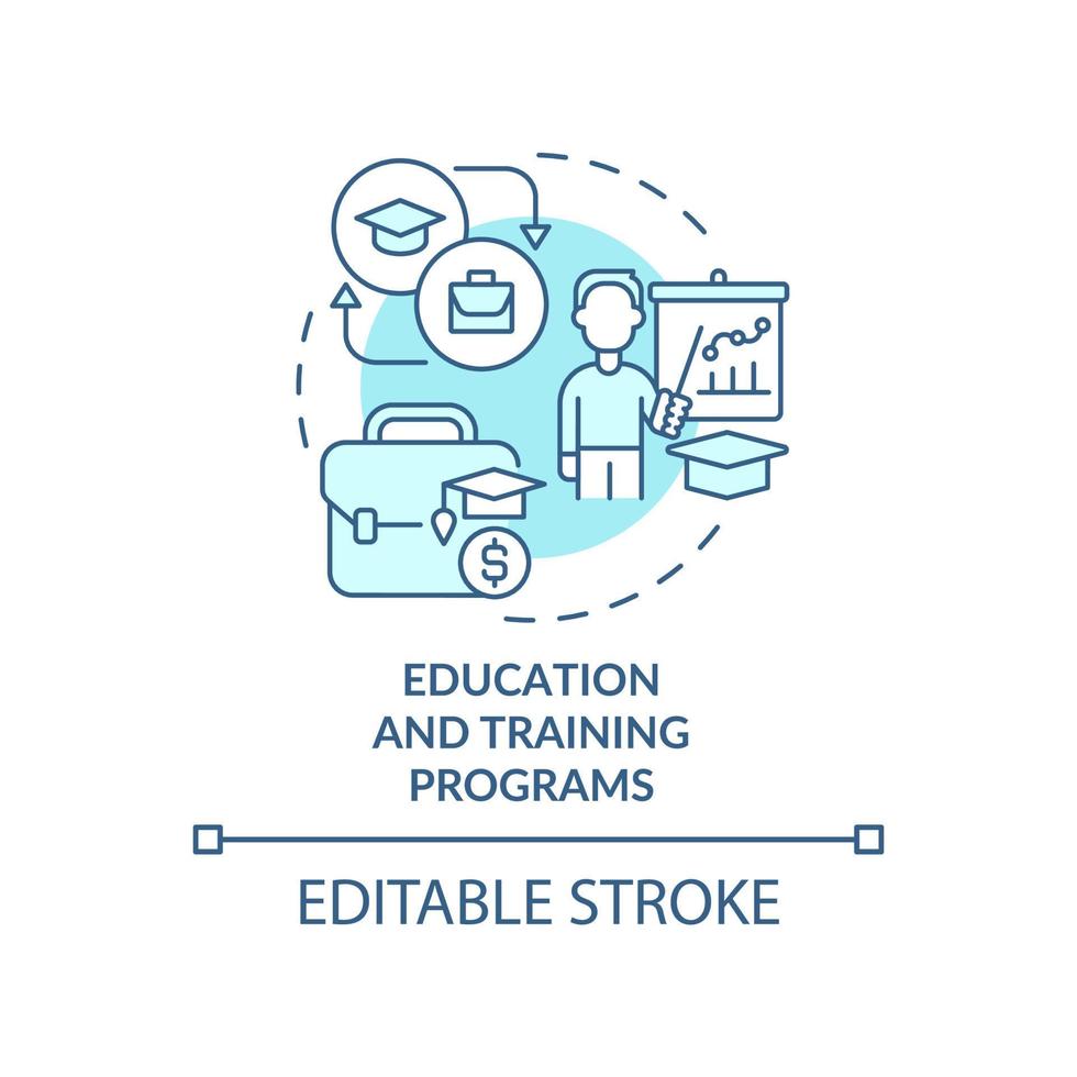 Education and training programs turquoise concept icon. Support of small business abstract idea thin line illustration. Isolated outline drawing. Editable stroke. vector