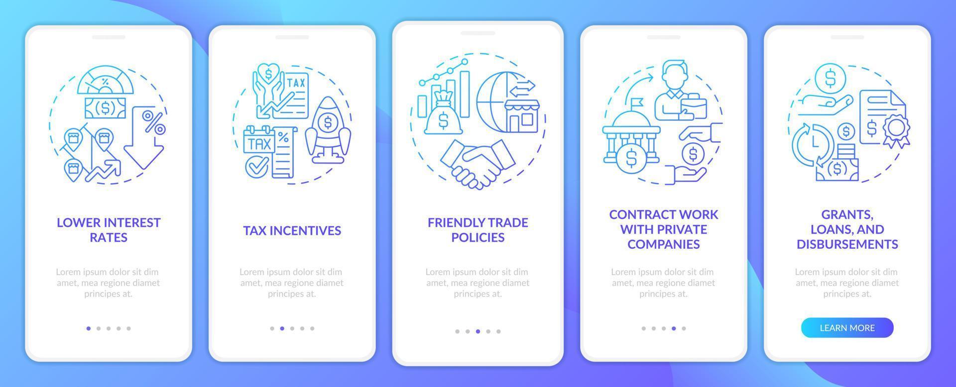 Encouraging business activity blue gradient onboarding mobile app screen. Walkthrough 5 steps graphic instructions pages with linear concepts. UI, UX, GUI template. vector