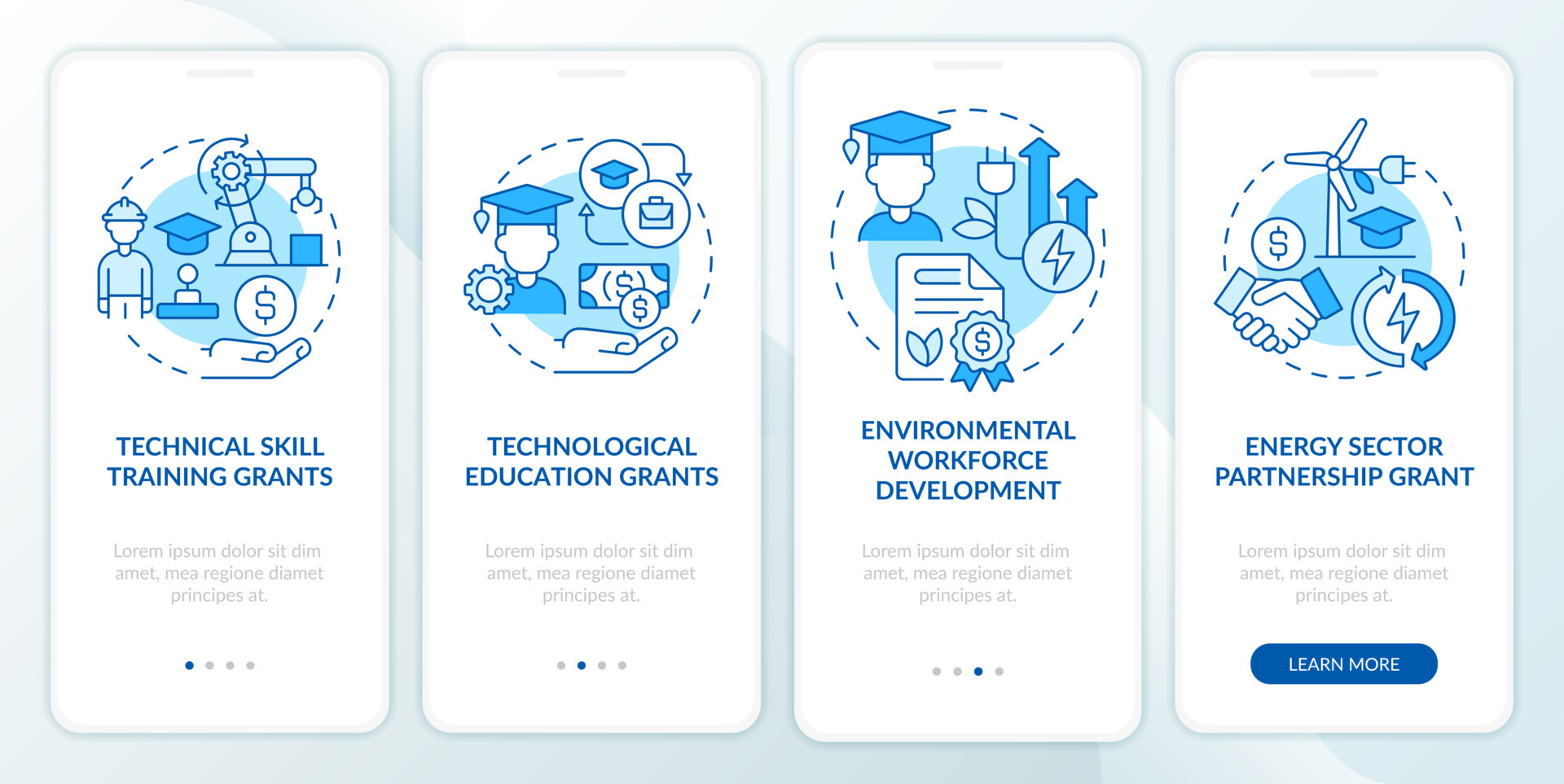 Federal grants for tech training blue onboarding mobile app screen
