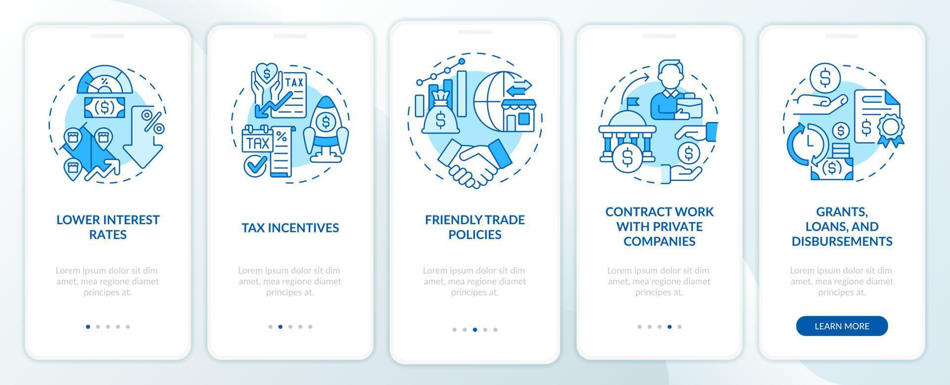 Encouraging business activity blue onboarding mobile app screen. Growth walkthrough 5 steps graphic instructions pages with linear concepts. UI, UX, GUI template. vector