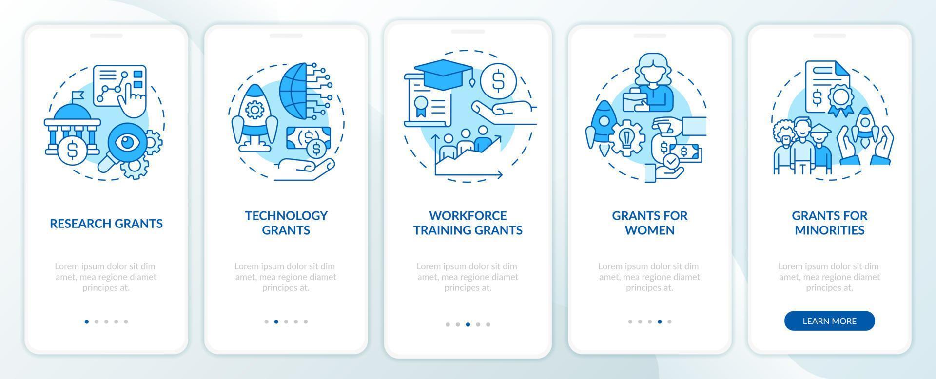 Types of grants blue onboarding mobile app screen. Program for business walkthrough 5 steps graphic instructions pages with linear concepts. UI, UX, GUI template. vector