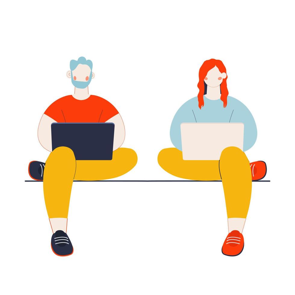 Freelancer concept, a man and a woman working in the street isolated on a white background. Happy couple. Vector illustration