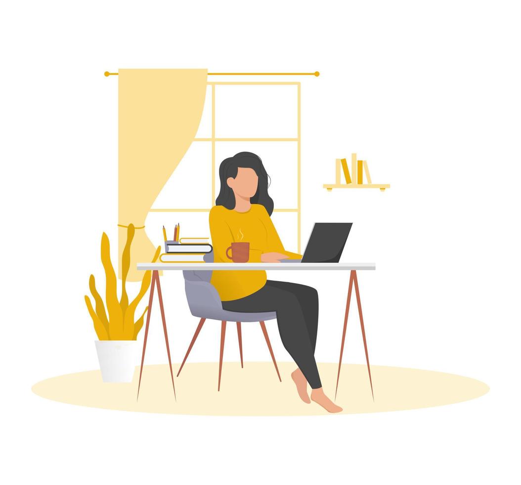 Home office concept, woman working at home, student or freelancer. Vector illustration