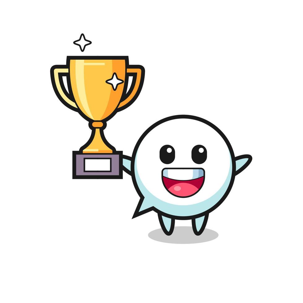Cartoon Illustration of speech bubble is happy holding up the golden trophy vector
