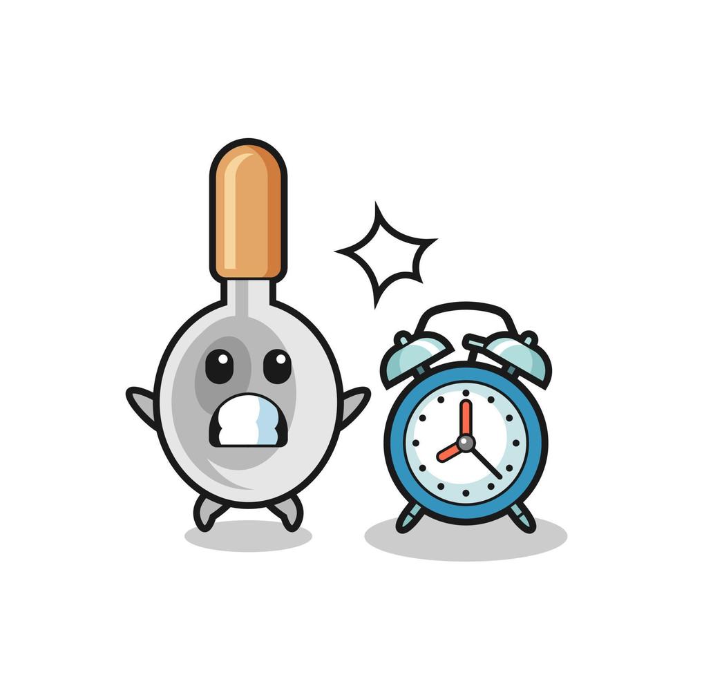 Cartoon Illustration of cooking spoon is surprised with a giant alarm clock vector