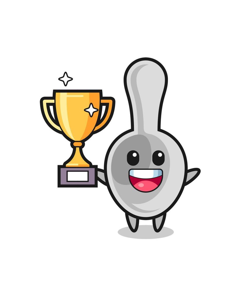 Cartoon Illustration of spoon is happy holding up the golden trophy vector