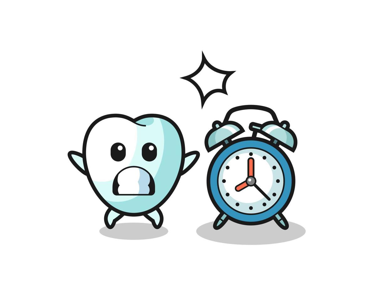 Cartoon Illustration of tooth is surprised with a giant alarm clock vector