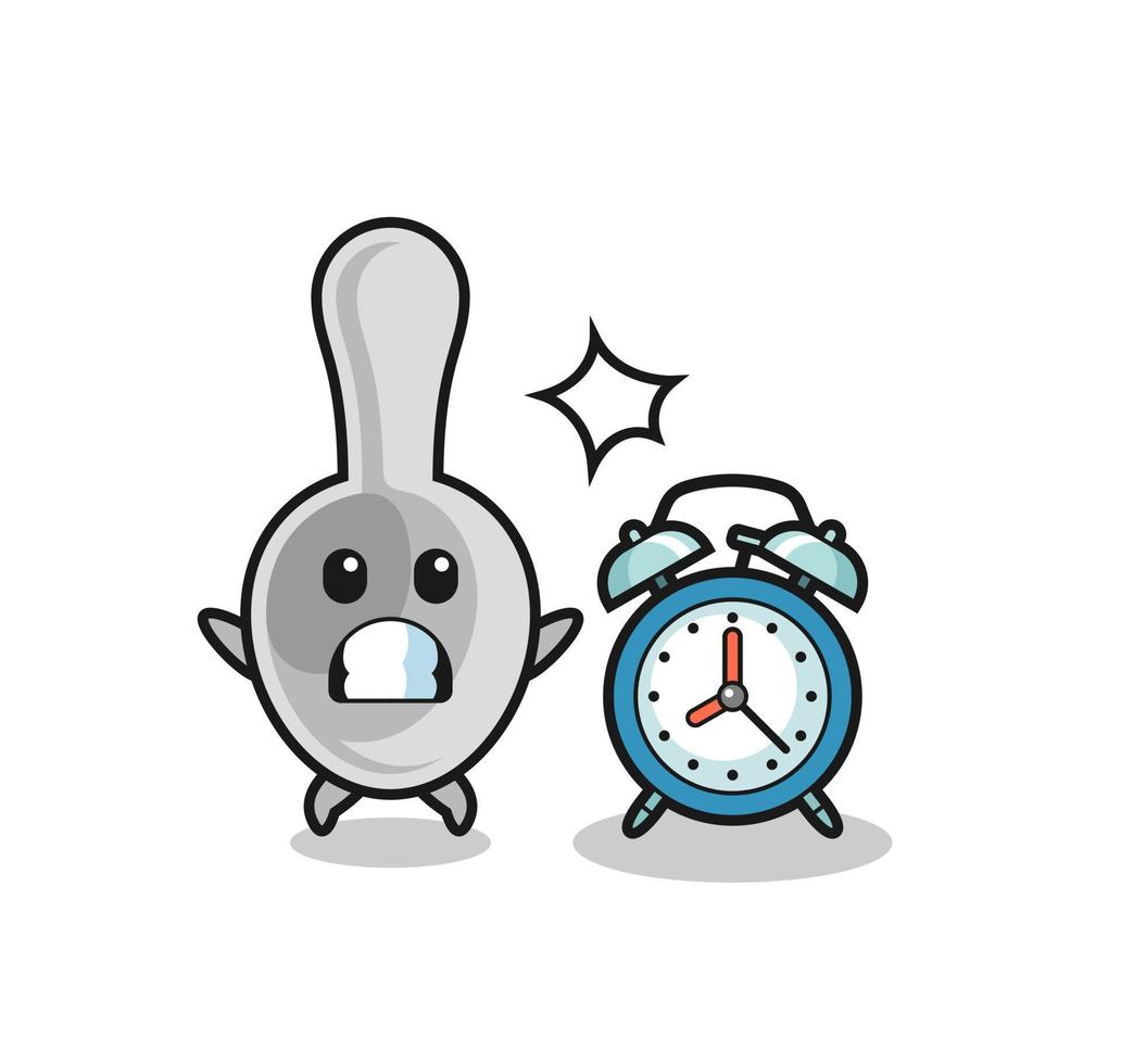 Cartoon Illustration of spoon is surprised with a giant alarm clock vector