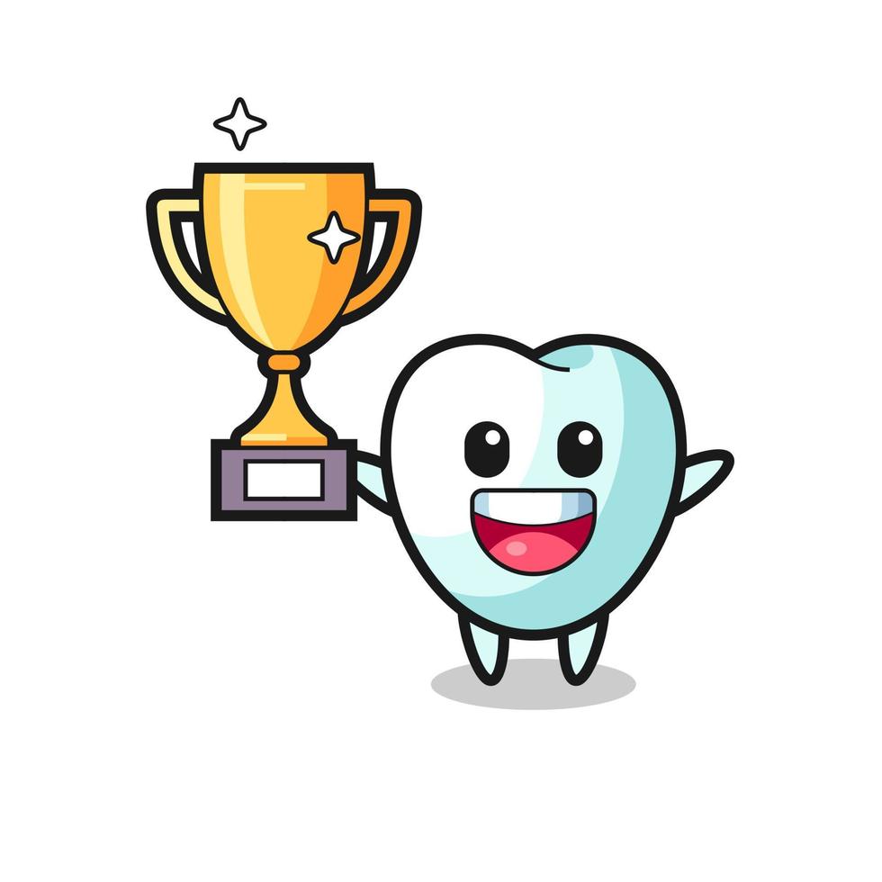 Cartoon Illustration of tooth is happy holding up the golden trophy vector