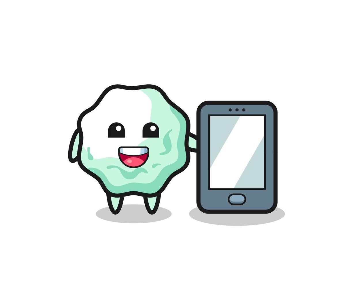 dibujos animados de ilustración de chicle sosteniendo un teléfono inteligente vector