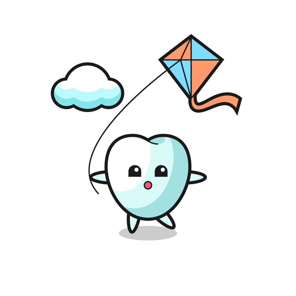 tooth mascot illustration is playing kite vector