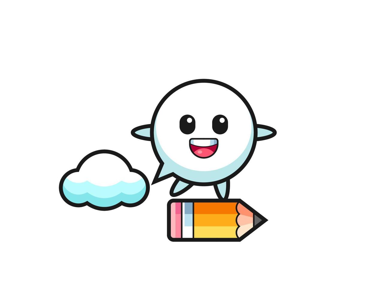 speech bubble mascot illustration riding on a giant pencil vector