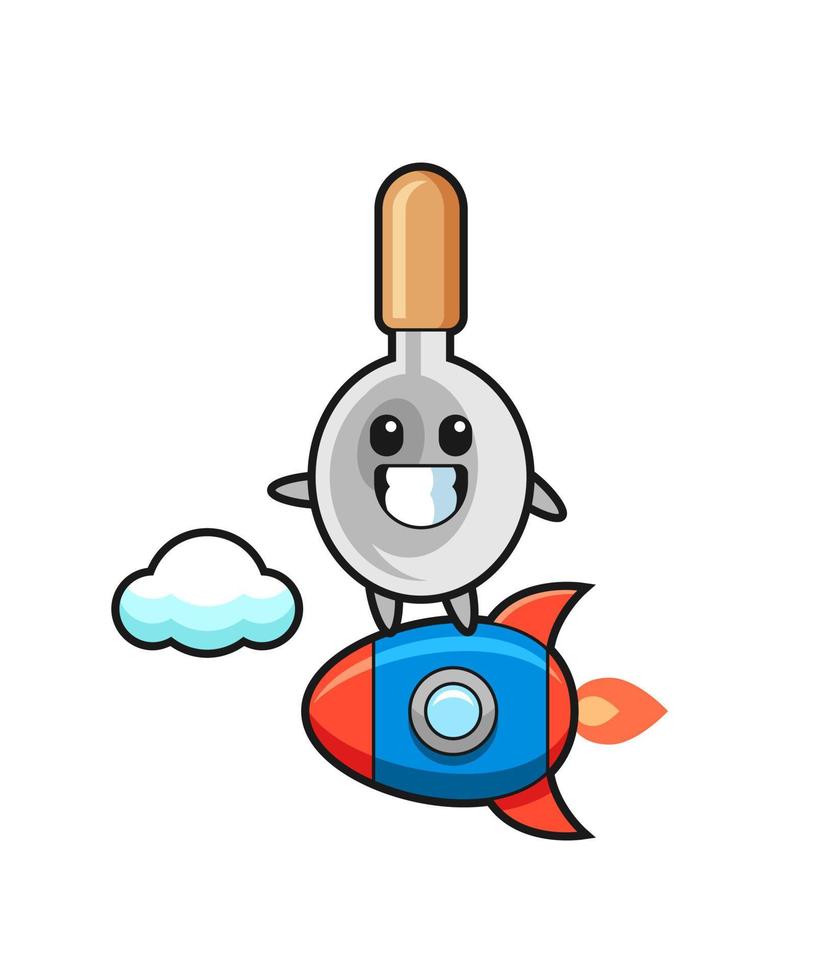 personaje de la mascota de la cuchara de cocina montando un cohete vector