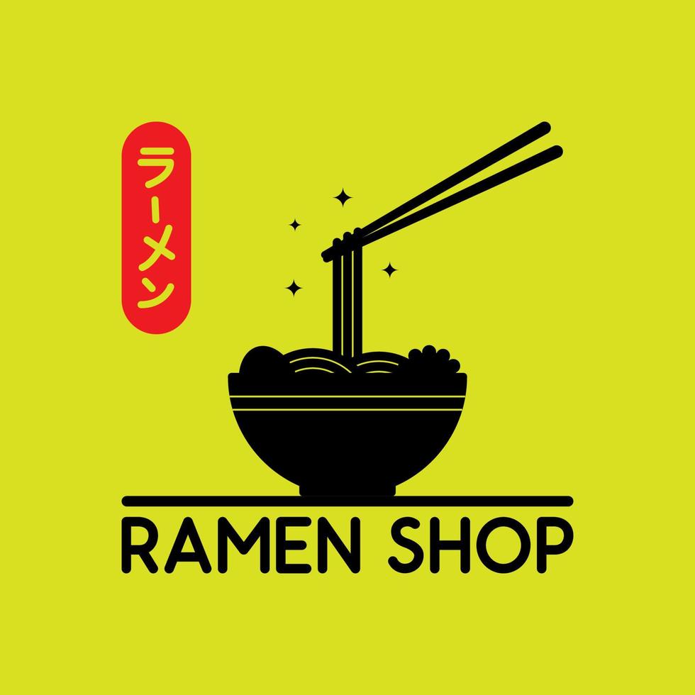 illustration vector graphic of ramen shop with a silhouette logo, bowls and chopsticks that pinch noodles and various side dishes perfect for a company logo or symbol. Translation Ramen