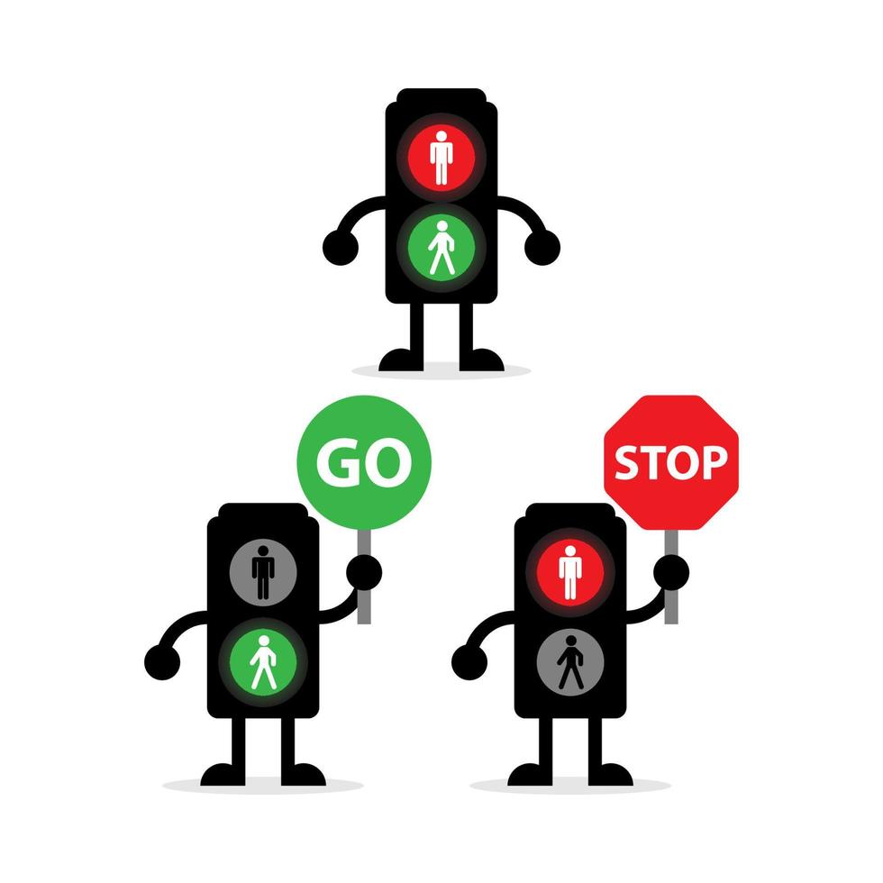 a set of three mascots of traffic lights for pedestrians, with a variety of poses, perfect for illustration, education and logos vector