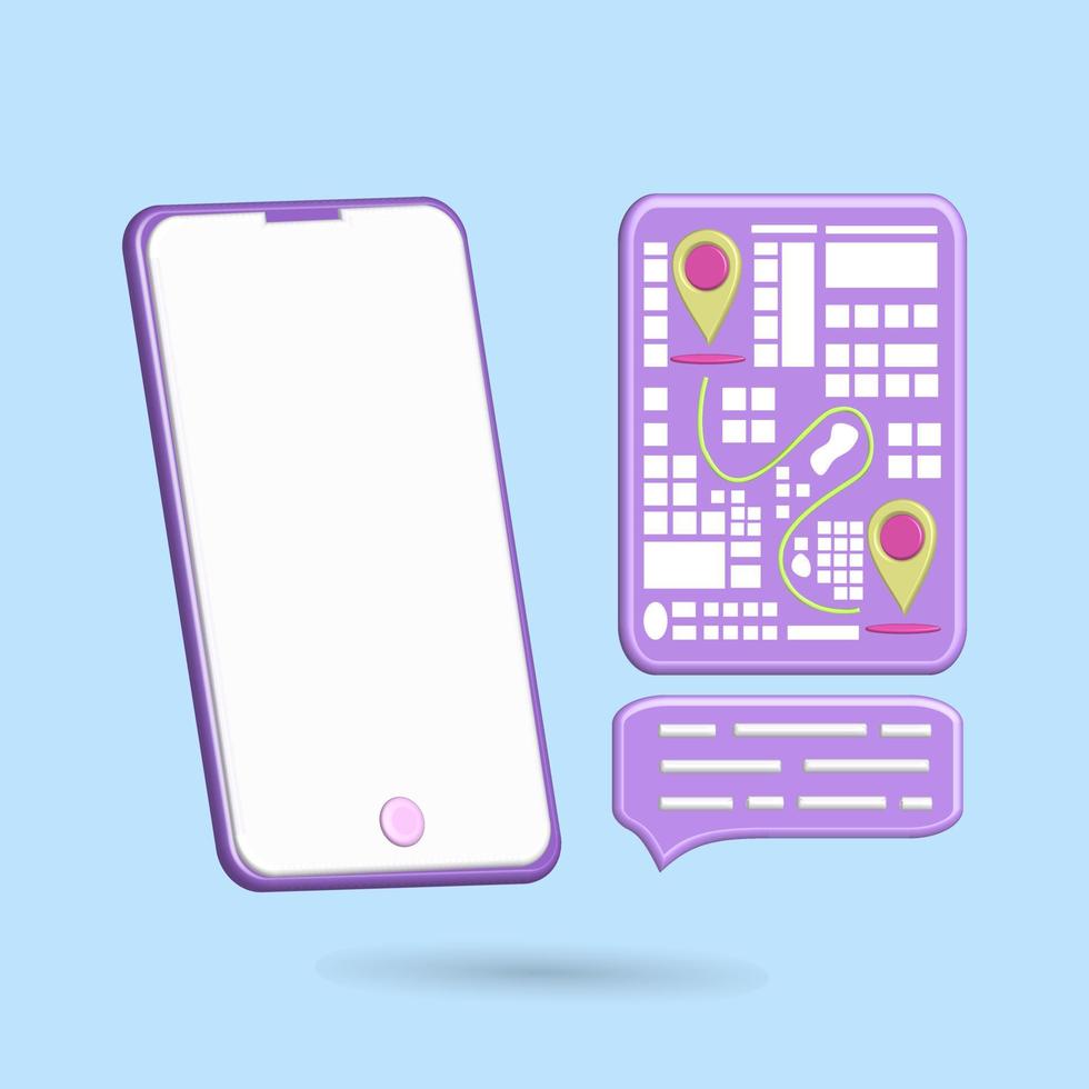 Ícono de ubicación compartida en 3d con forma de llamada, globo de voz de color púrpura y caricatura de ilustración vectorial para los medios sociales en el teléfono inteligente vector
