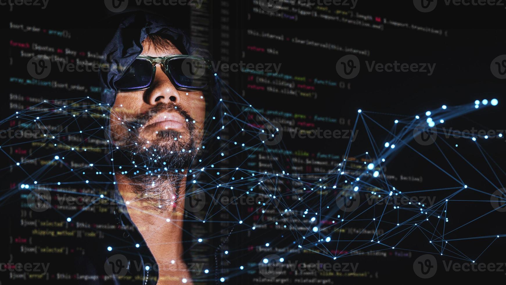 The concept of hackers and insecurity in networking. Dishonest hood man or data thieves photo