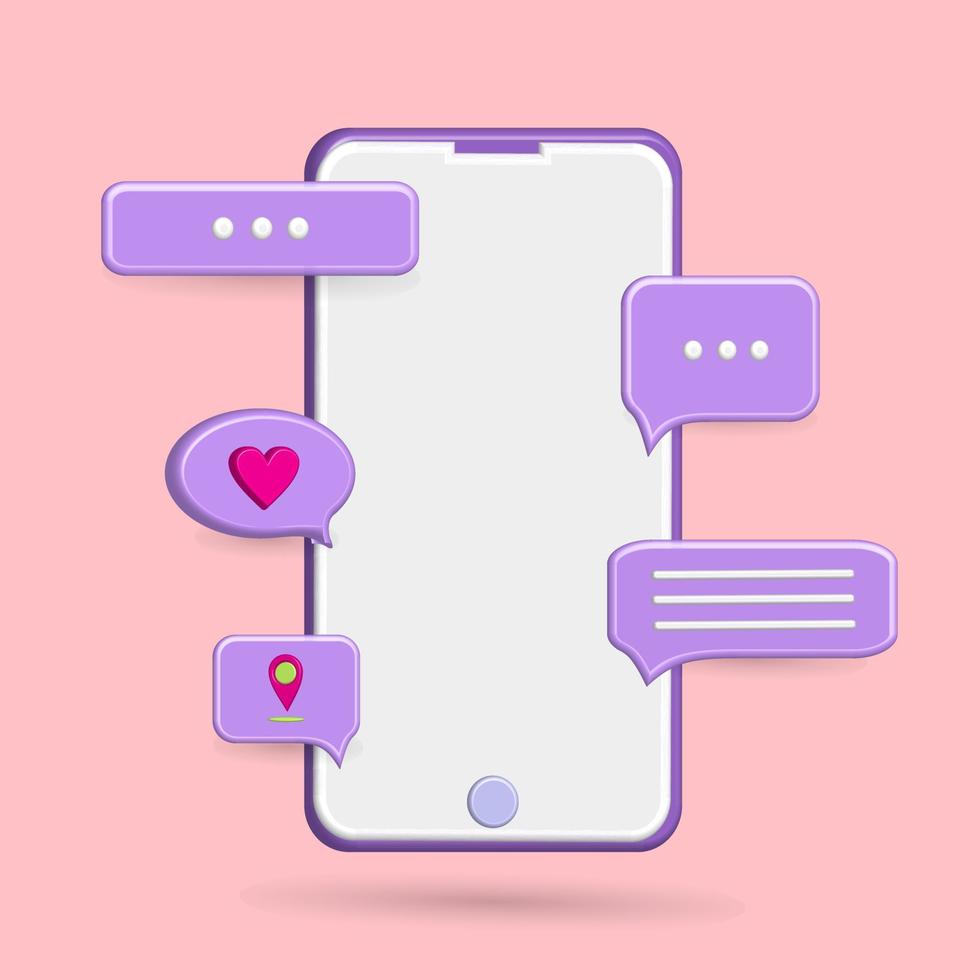 vector de icono de teléfono inteligente de chat 3d con color púrpura y fondo rosa para su publicación en redes sociales o negocio de promoción de ventas