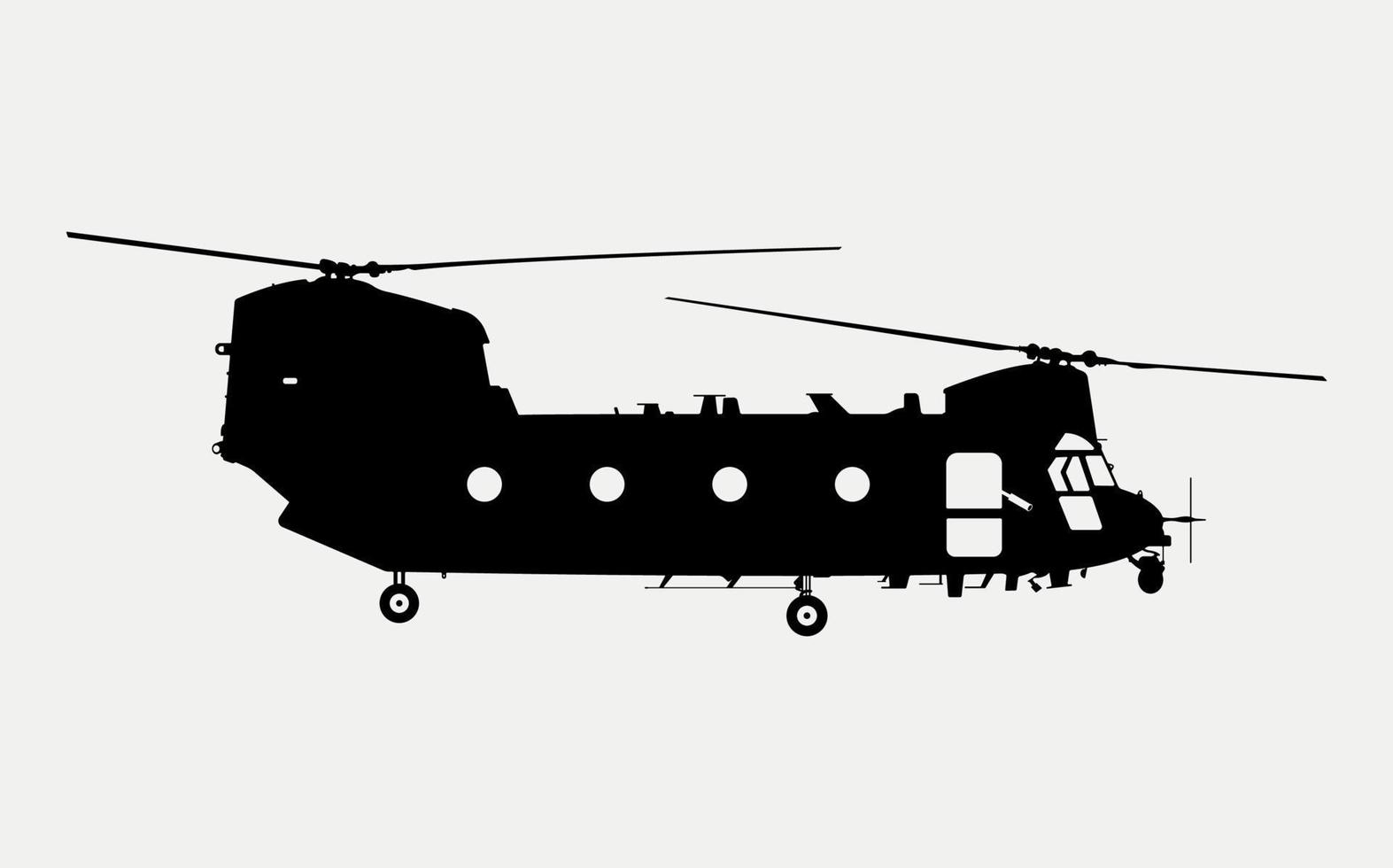 Tandem Rotor Cargo helicopter Silhouette, Army Aircraft Illustration. vector