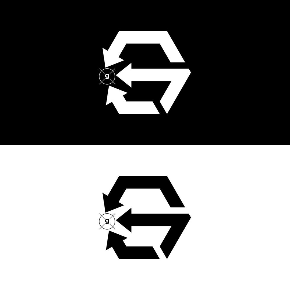 Abstract vector logo of arrows and target marks forming from a lowercase g and up to a large G from an arrow