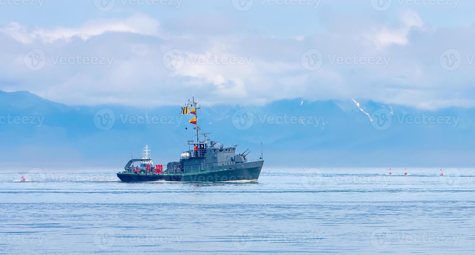 Naval minesweeper in Avacha bay on Kamchatka. Selective focus photo