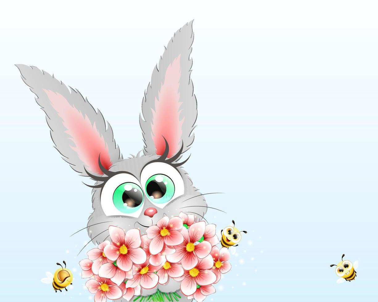 Bunny girl with bouquet of flowers and bees vector