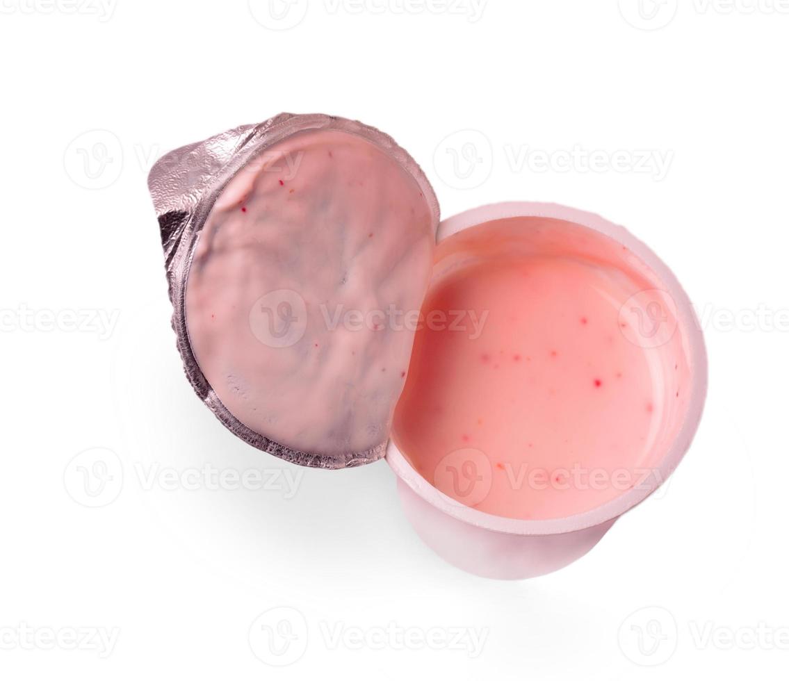 Open plastic jar with yogurt photo