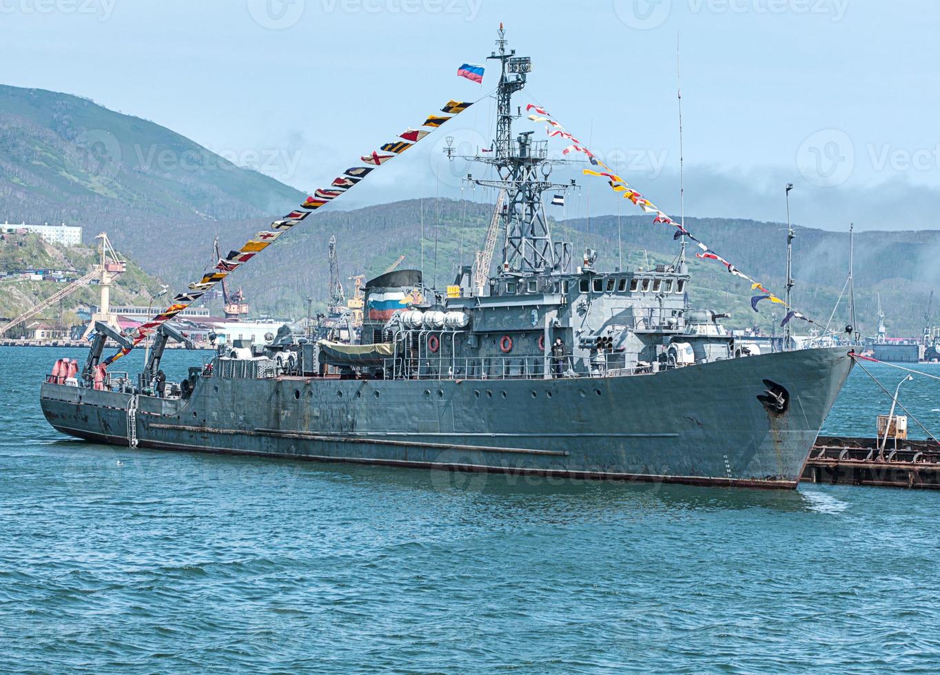 Russia warship with flags photo