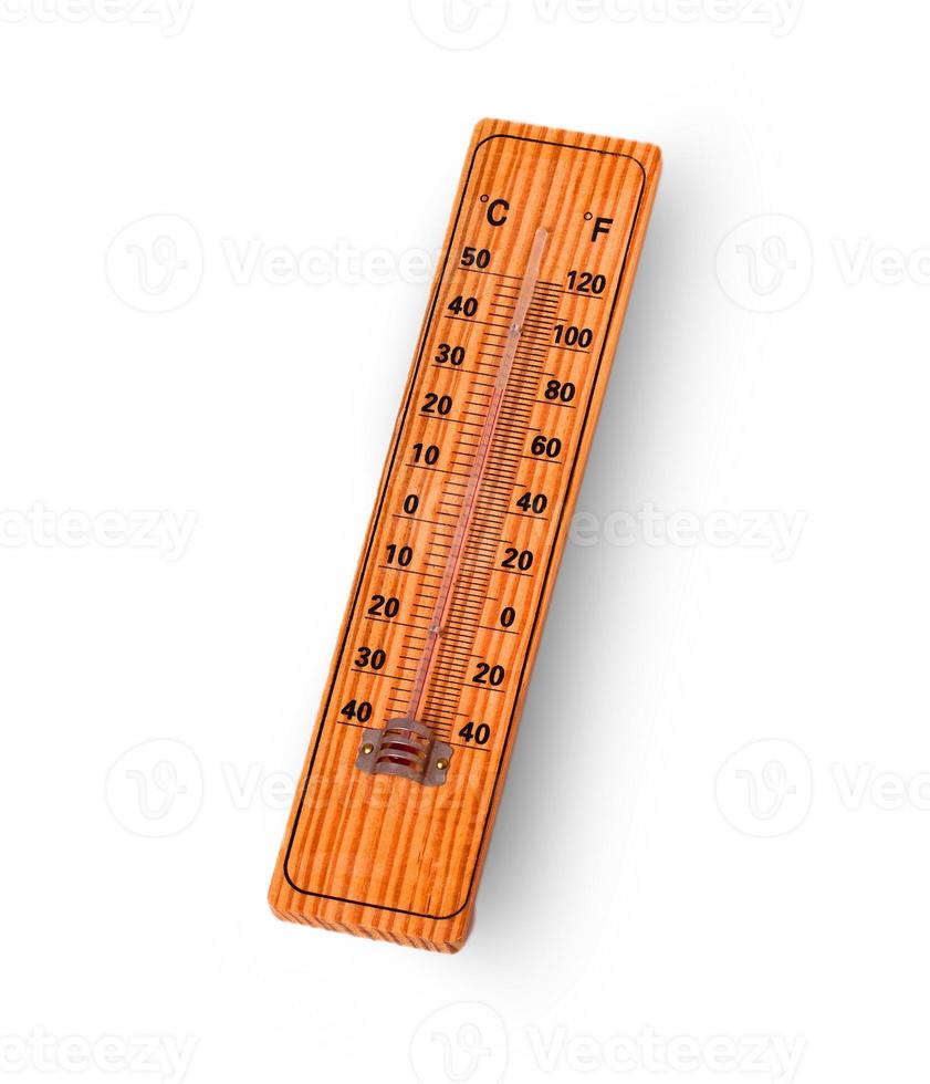 termómetro de madera sobre el fondo blanco foto